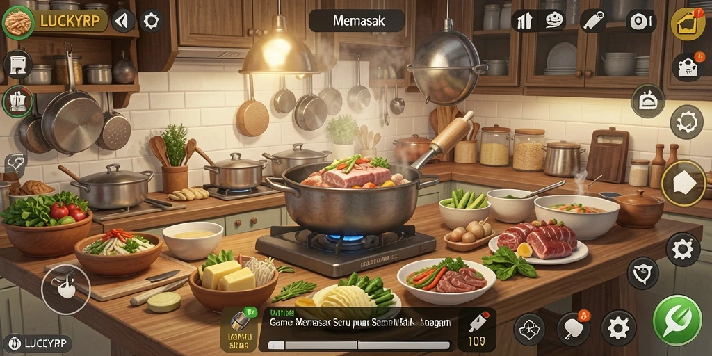 Antarmuka permainan LUCKYRP dengan berbagai fitur Memasak yang interaktif.