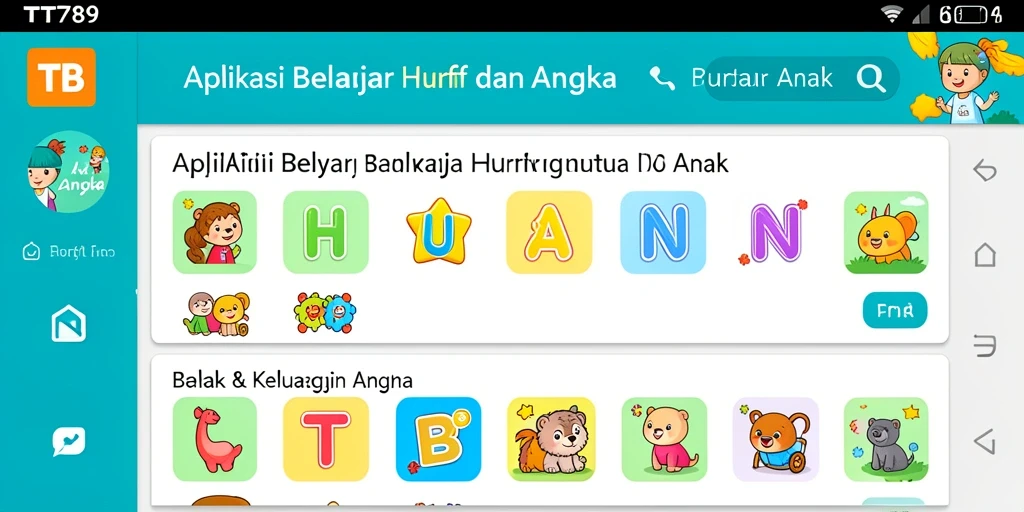 Antarmuka aplikasi TT789 yang menarik untuk belajar huruf dan angka.
